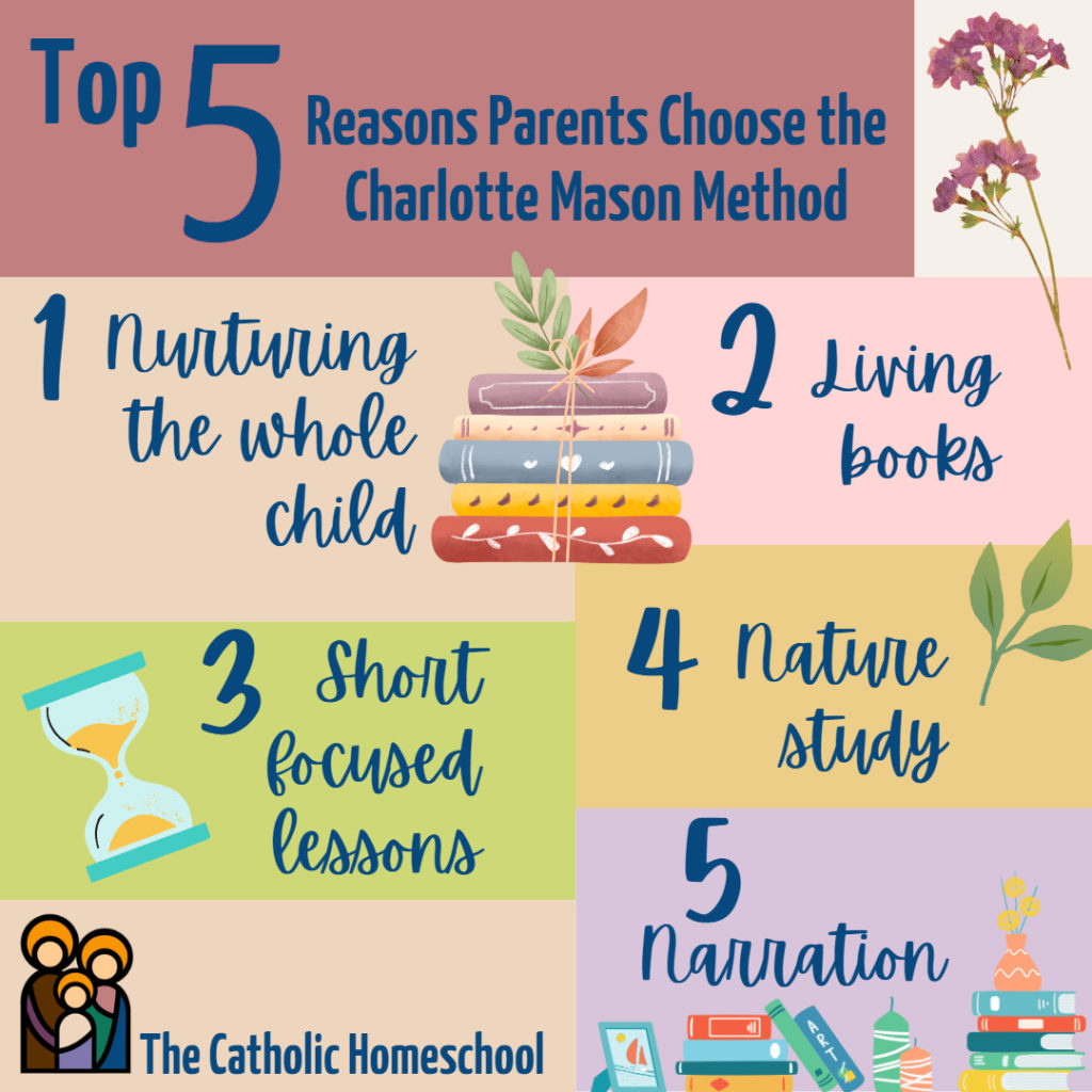 A graphic showing the top 5 reasons parents choose the Charlotte Mason method: nurturing the whole child, living books, short focused lessons, nature study, and narration.